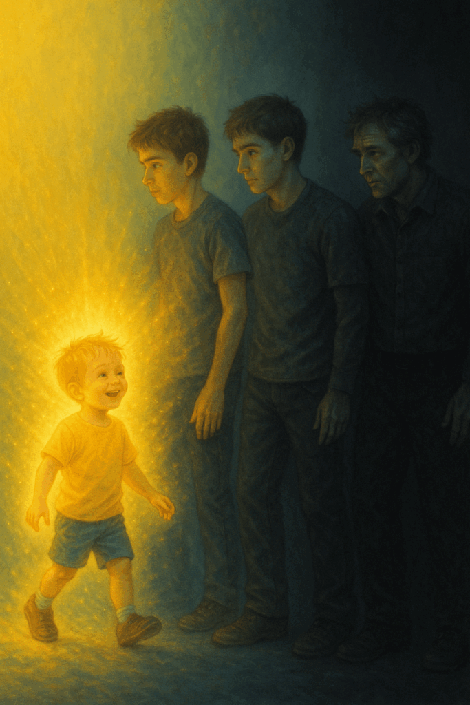 A digital painting showing three older versions of a man gazing back at their childhood self, who glows with a radiant golden aura—symbolizing lost innocence, inner magic, and the journey of how to heal narcissistic abuse energetically.