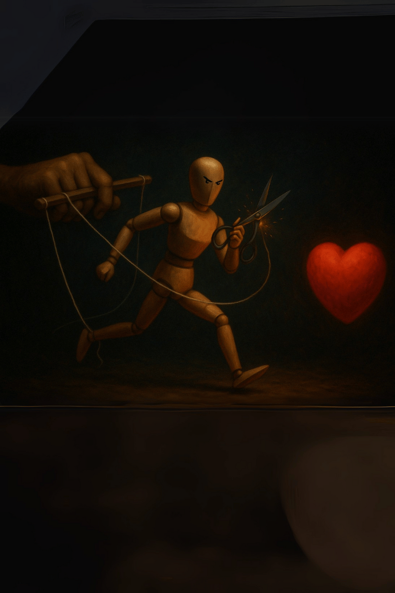 narcissistic abuse A wooden puppet breaks free from marionette strings using scissors, reaching toward a glowing red heart. The image symbolizes healing from narcissistic abuse and reclaiming self-directed desire.