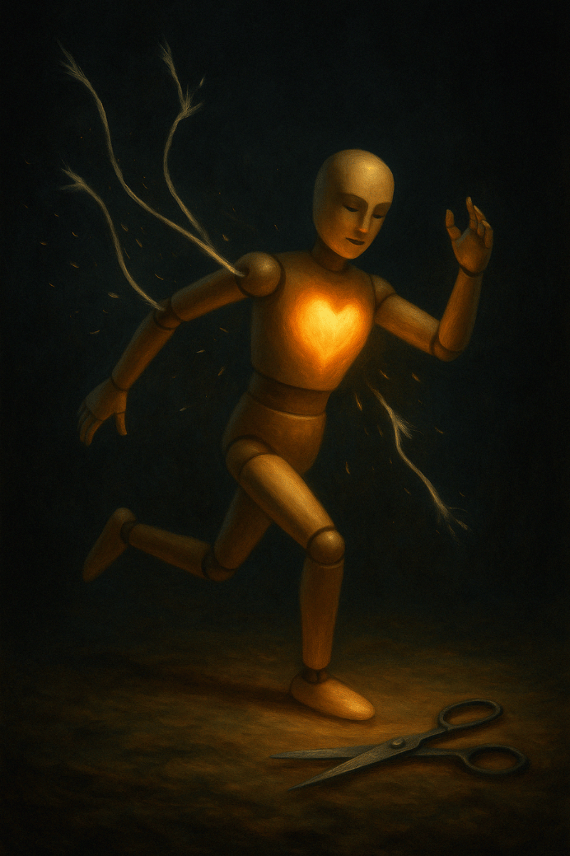 narcissistic abuse A wooden puppet with a glowing heart breaks free from marionette strings, running forward as the strings snap behind it. A pair of scissors lies on the ground, symbolizing the moment of release from narcissistic control and emotional manipulation.