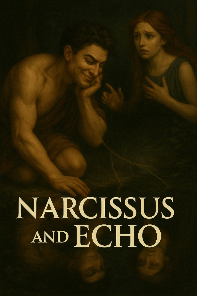 heal narcissistic abuse Painting of Narcissus and Echo from Greek myth. Narcissus smiles proudly at his reflection in a pond, unaware of Echo behind him, watching with sorrow.