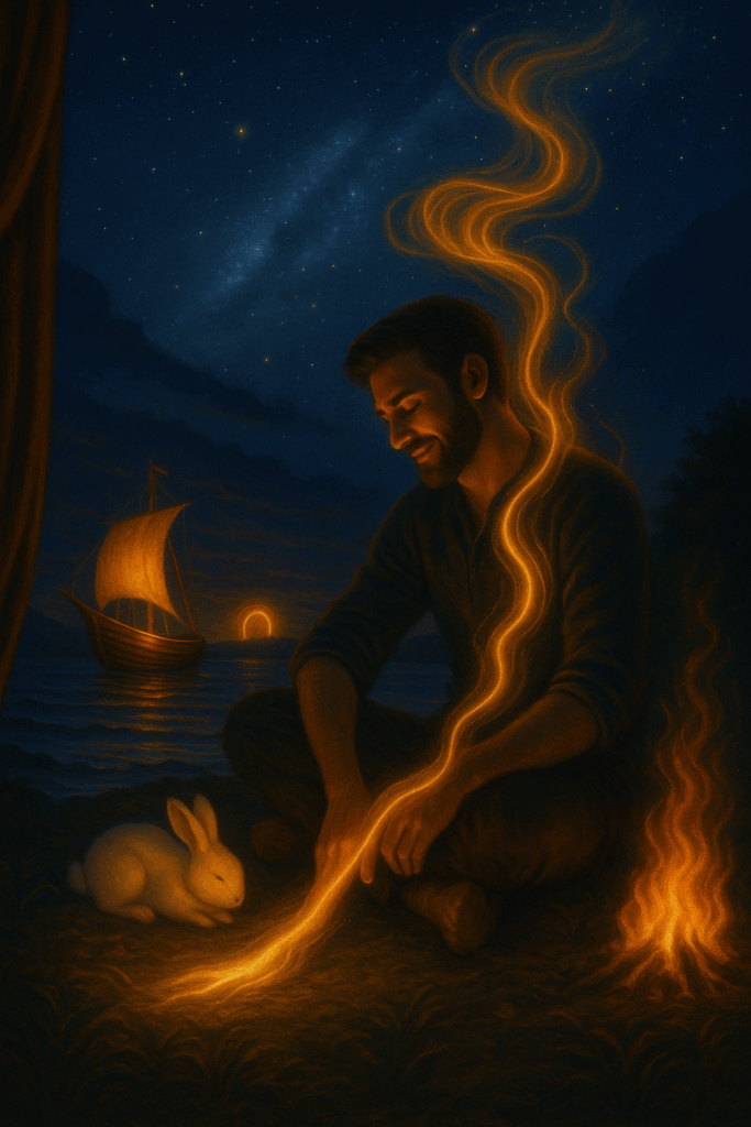 A digital painting of a man seated peacefully on a shoreline at twilight, petting a white rabbit as golden spiritual energy flows from his body into the cosmos and earth, symbolizing how to heal narcissistic abuse spiritually through grounded presence and inner light.