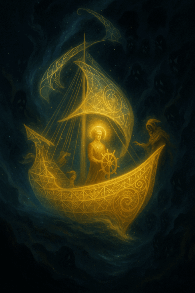 A digital painting of a survivor sailing peacefully on a golden ship as a yellow shadow figure tries to climb aboard. The yellow jack a symbol for how to heal narcissistic abuse spiritually through navigtaing dark places and finding your inner light.