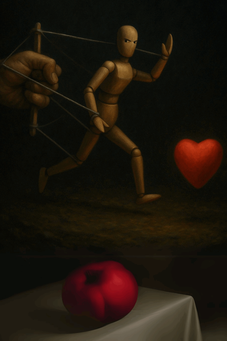 A wooden puppet controlled by strings reaches toward a glowing red heart while a hand grips the control bar. The scene is painted in rich, dark tones with symbolic lighting.