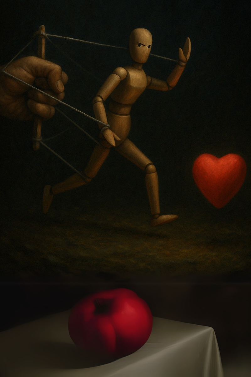 how to heal from narcissistic abuse A wooden puppet controlled by strings reaches toward a glowing red heart while a hand grips the control bar. The scene is painted in rich, dark tones with symbolic lighting.