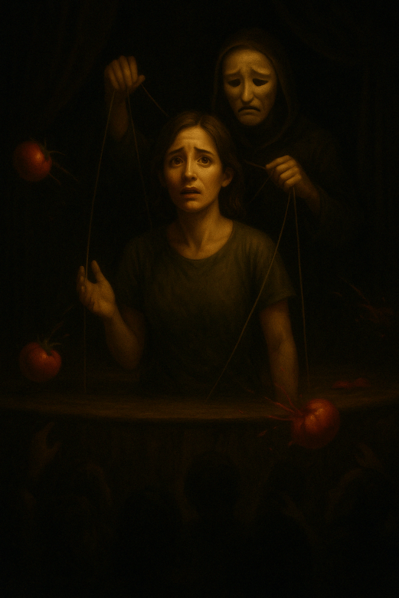 narcissistic abuse A distressed woman stands on a stage, manipulated by strings pulled by a masked figure hiding in the shadows. A spotlight shines on her as the audience throws tomatoes, blaming her while the masked puppeteer remains unseen.