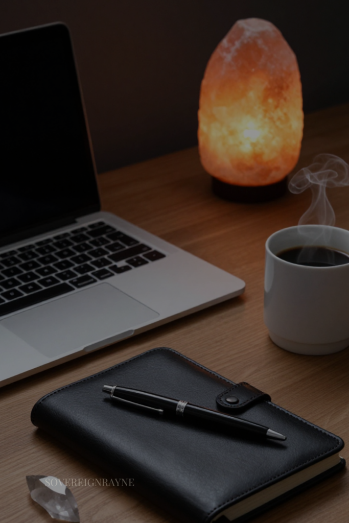 A minimalist modern desk setup with a laptop showing practical spiritual engineering tools for lost initiates.