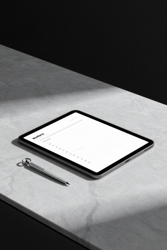 A premium matte-black tablet displaying a clarity checklist next to a metallic compass on a dark marble executive desk.