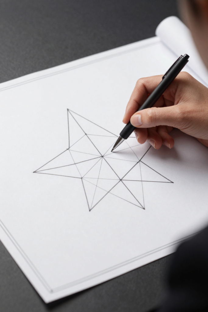 A close-up architectural shot of a hand in a professional suit sleeve using a drafting pen to trace a clean geometric Enneagram star diagram on blueprint paper.