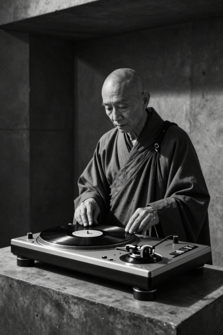A cinematic black and white portrait of a Buddhist monk operating a modern vinyl turntable against a minimalist concrete wall, illustrating a pattern interrupt to find a true spiritual mentor.