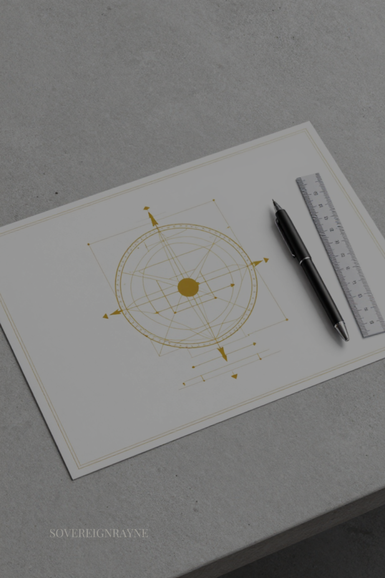 A clean technical blueprint diagram with sacred geometry and vector arrows on a modern concrete desk, showing how to systematically organize a spiritual awakening.
