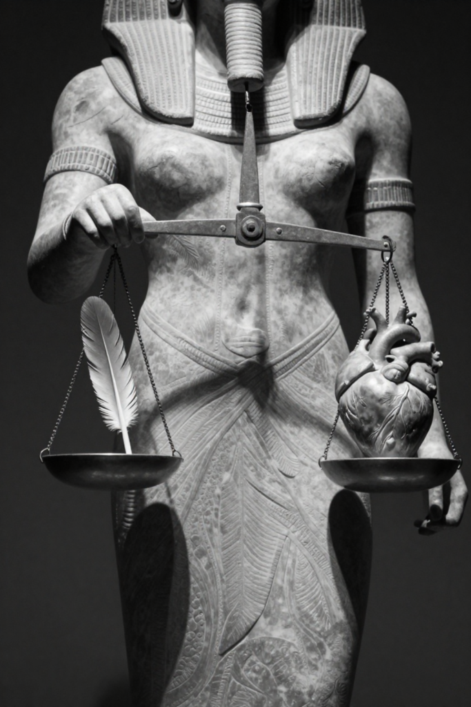 A dramatic black and white editorial photograph of a stone statue of Ma'at balancing a feather and a heart on a scale, symbolizing internal spiritual alignment.