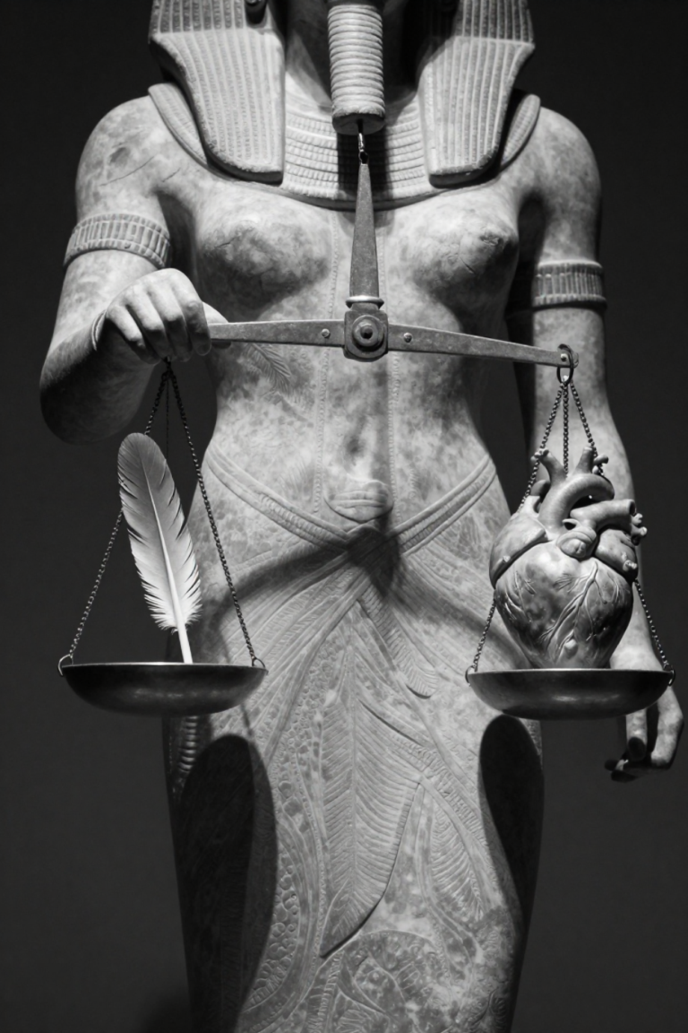 A dramatic black and white editorial photograph of a stone statue of Ma'at balancing a feather and a heart on a scale, symbolizing internal spiritual alignment.