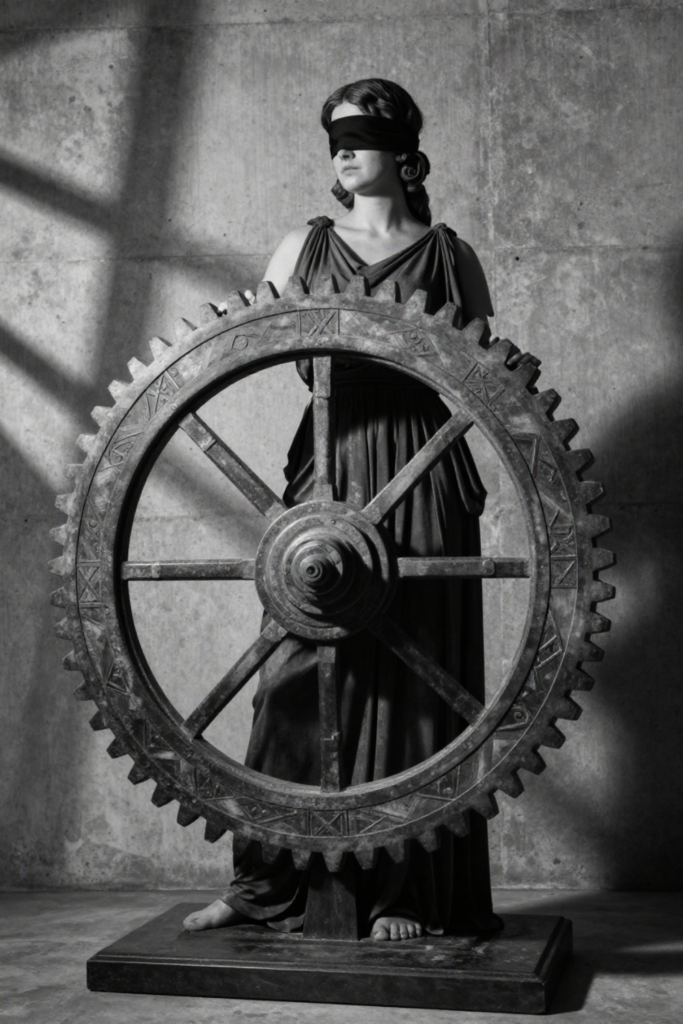 A moody minimalist studio shot of a blindfolded goddess Fortuna turning a mechanical stone wheel, representing optimized spiritual growth habits and systemic luck.