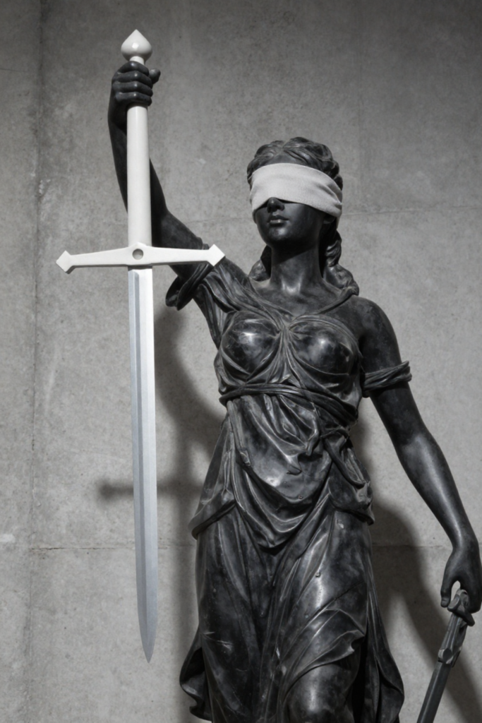 moody minimalist studio shot of a blindfolded black marble statue of Lady Justice holding a sword, representing rigid cosmic execution and spiritual alignment.