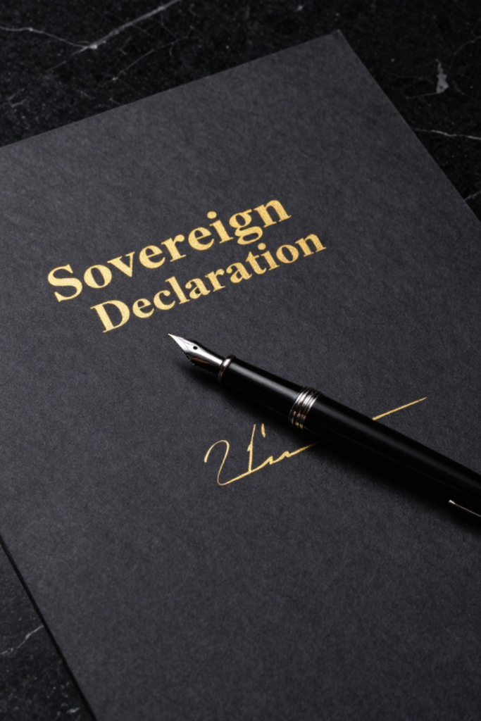 A close-up studio shot of a dark charcoal paper document titled Sovereign Declaration resting on a black marble desk with a sleek metal fountain pen, symbolizing a contract for spiritual alignment.