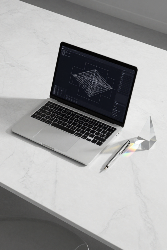 A minimalist marble desk setup with a laptop displaying a technical engineering system blueprint next to a geometric prism catching a sharp ray of light.