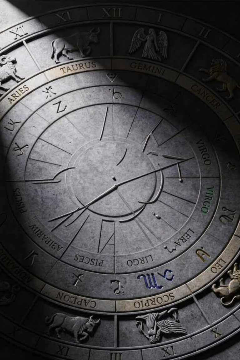 A cinematic black and white studio photograph of a geometric astrology natal chart deeply carved into a dark concrete block, serving as the featured image for an audit on spiritual systems.